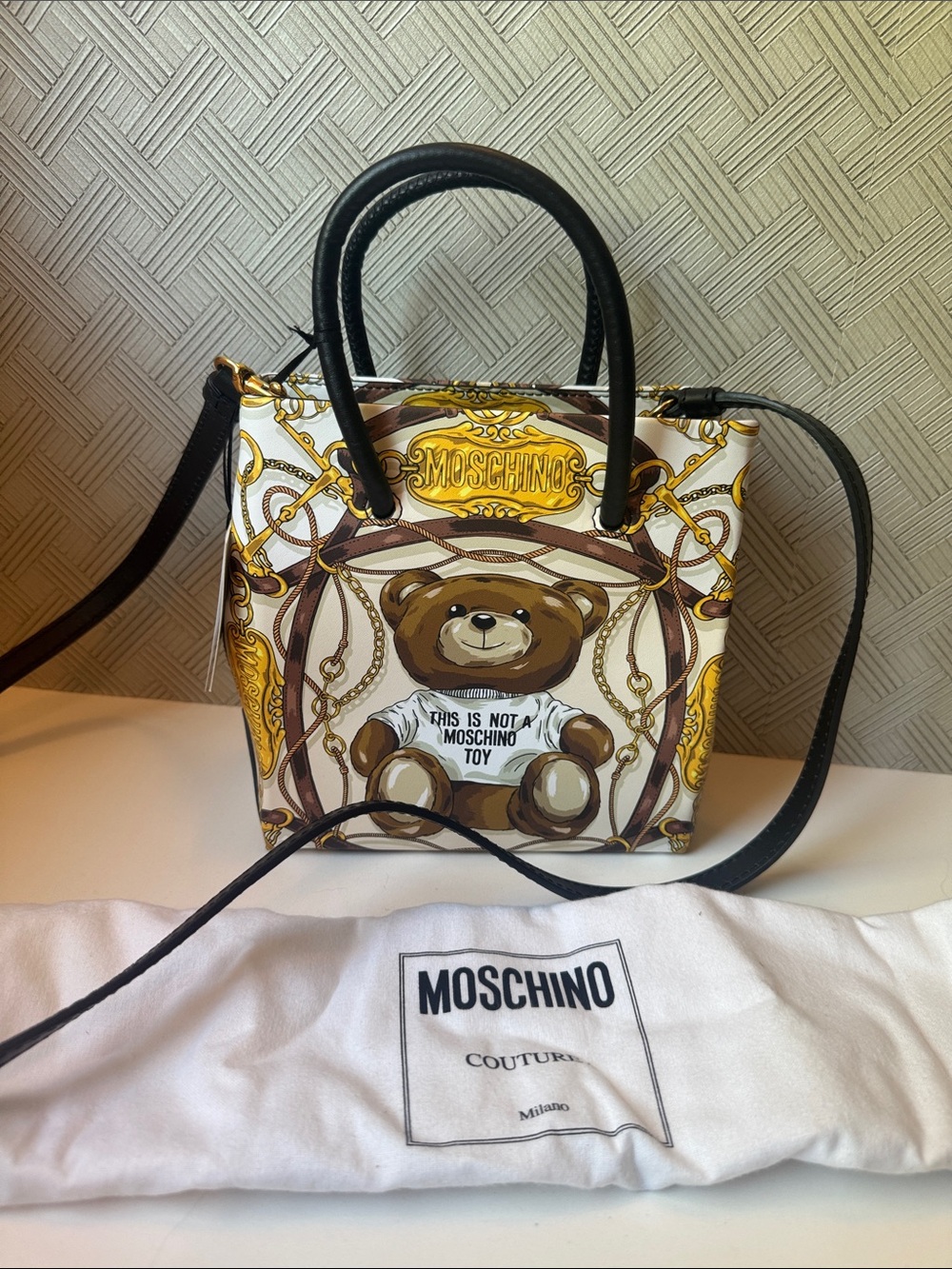 Moschino Brown & Gold Teddy Scarf Print mini tote bag